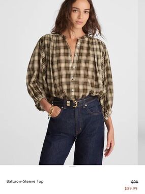Madewell Balloon-Sleeve Plaid Top in Olive